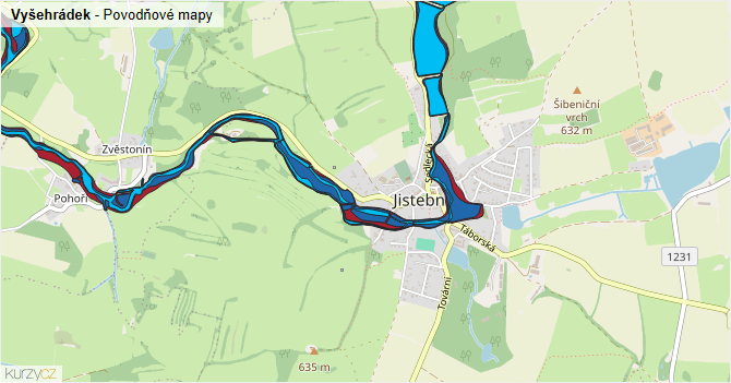 Vyšehrádek - záplavové mapy stoleté vody