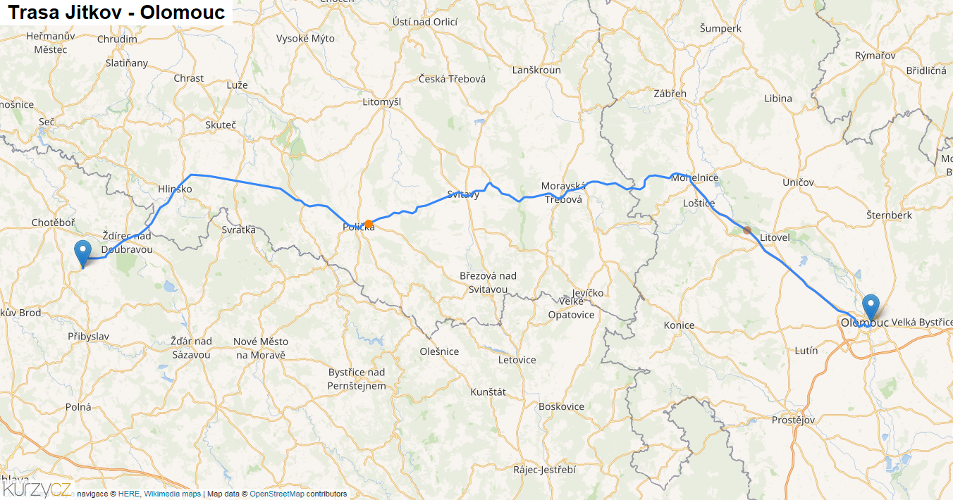 Jitkov-Olomouc, mapa trasy