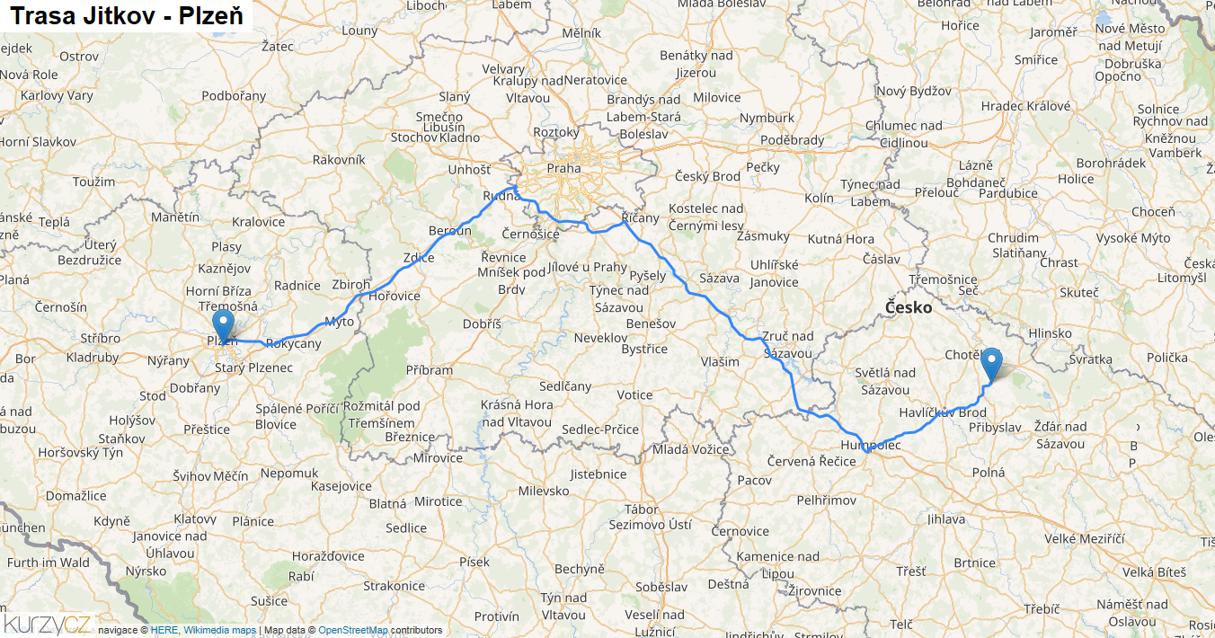Jitkov-Plzeň, mapa trasy