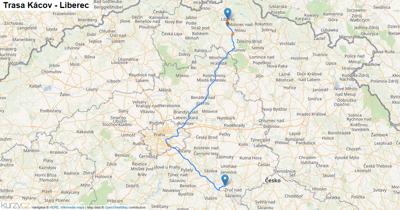 Kácov-Liberec, mapa trasy