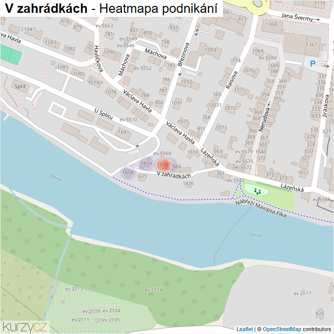 Mapa V zahrádkách - Firmy v ulici.