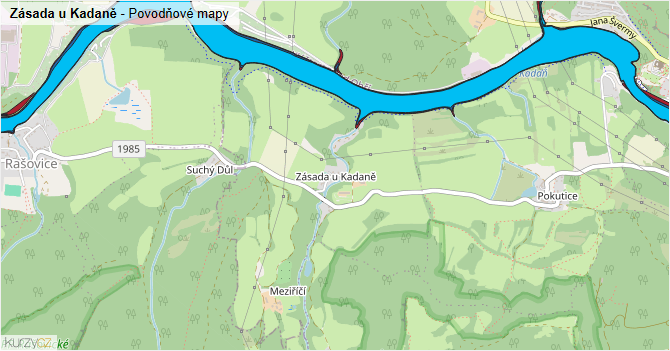Zásada u Kadaně - záplavové mapy stoleté vody