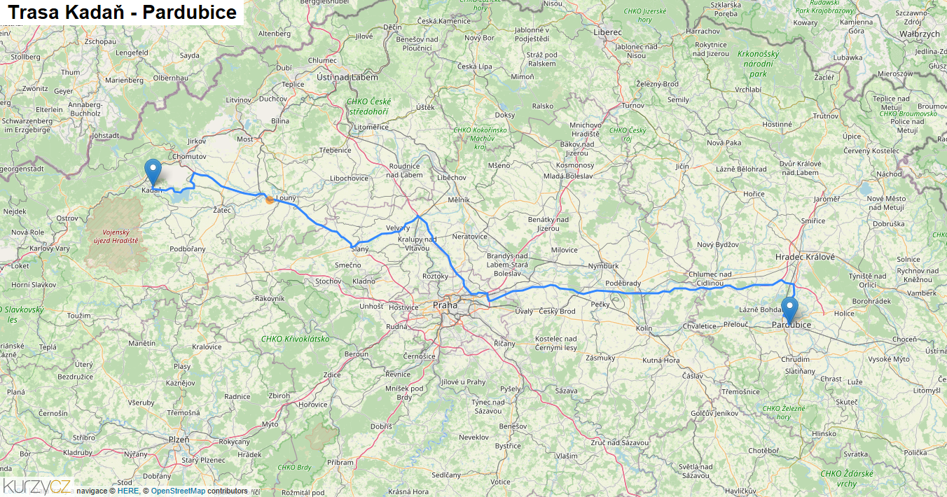 Kadaň-Pardubice, mapa trasy