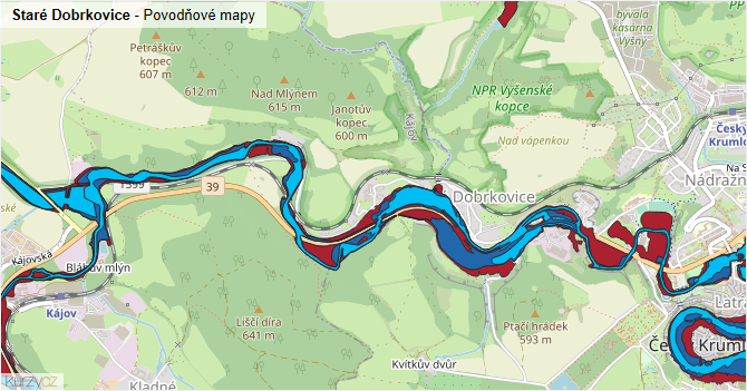 Staré Dobrkovice - záplavové mapy stoleté vody