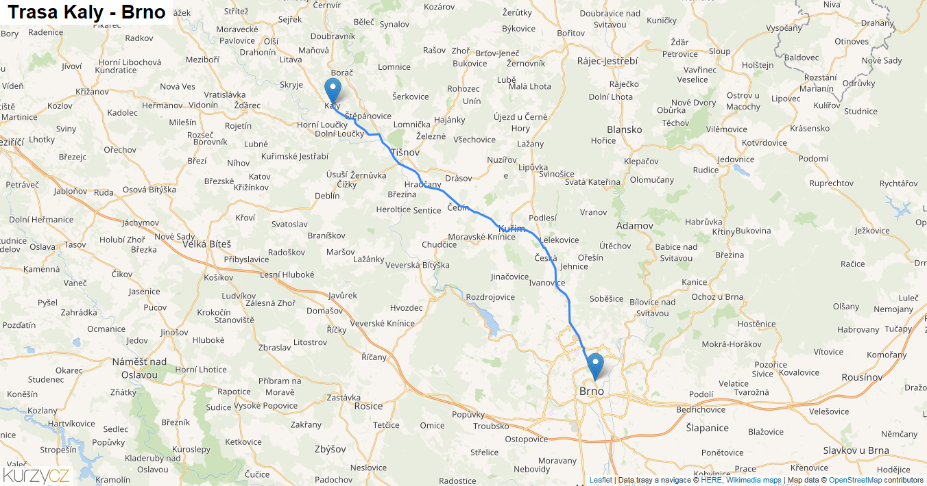 Kaly-Brno, mapa trasy