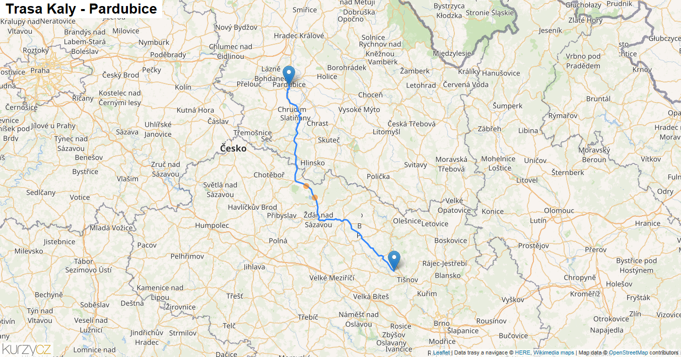 Kaly-Pardubice, mapa trasy