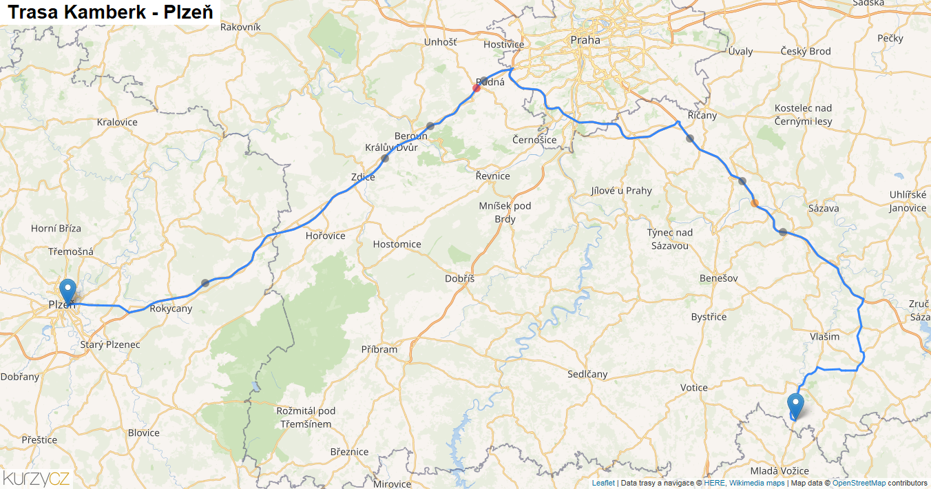 Kamberk-Plzeň, mapa trasy