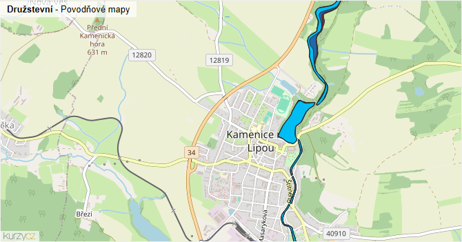 Družstevní - záplavové mapy stoleté vody