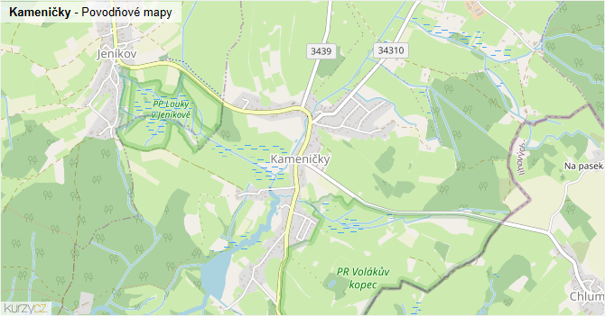 Kameničky - záplavové mapy stoleté vody