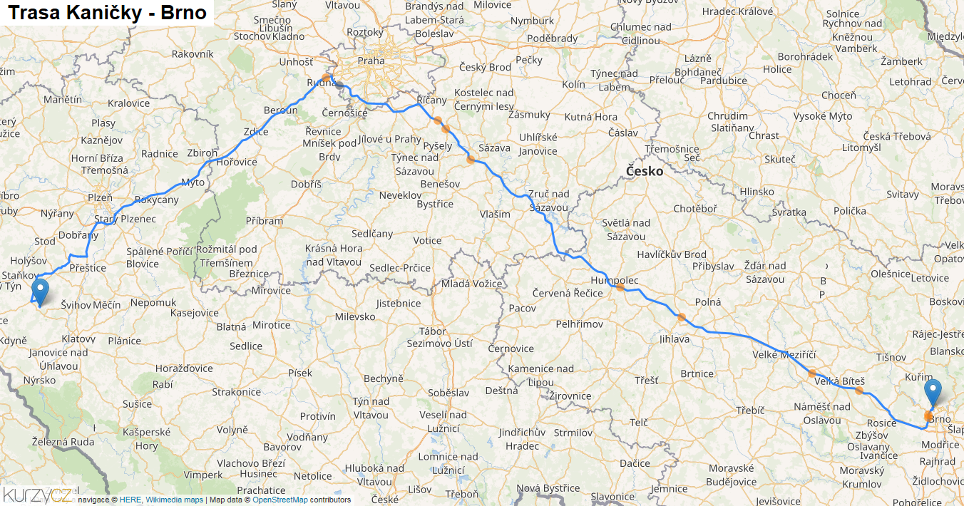 Kaničky-Brno, mapa trasy