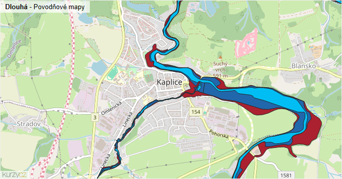 Dlouhá - záplavové mapy stoleté vody