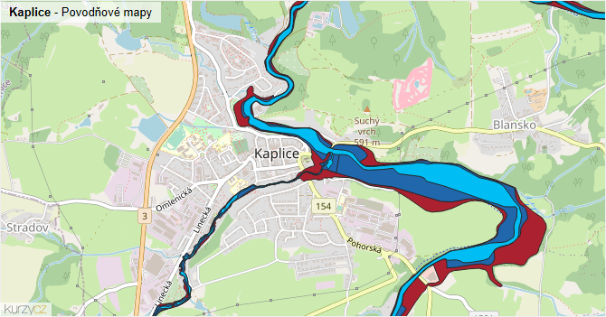 Kaplice - záplavové mapy stoleté vody