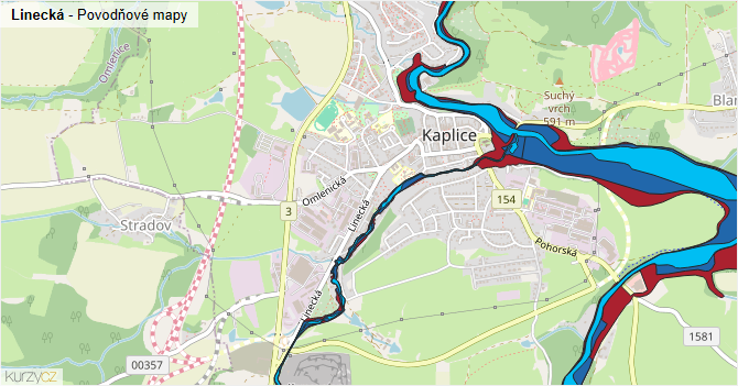 Linecká - záplavové mapy stoleté vody