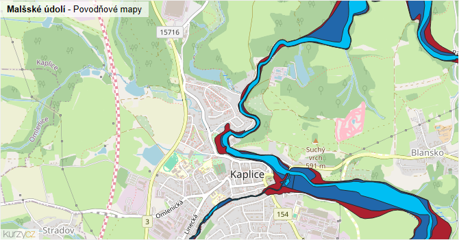 Malšské údolí - záplavové mapy stoleté vody