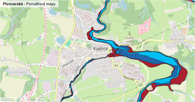 Pivovarská - záplavové mapy stoleté vody