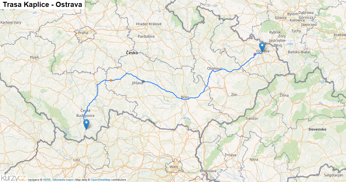 Kaplice-Ostrava, mapa trasy
