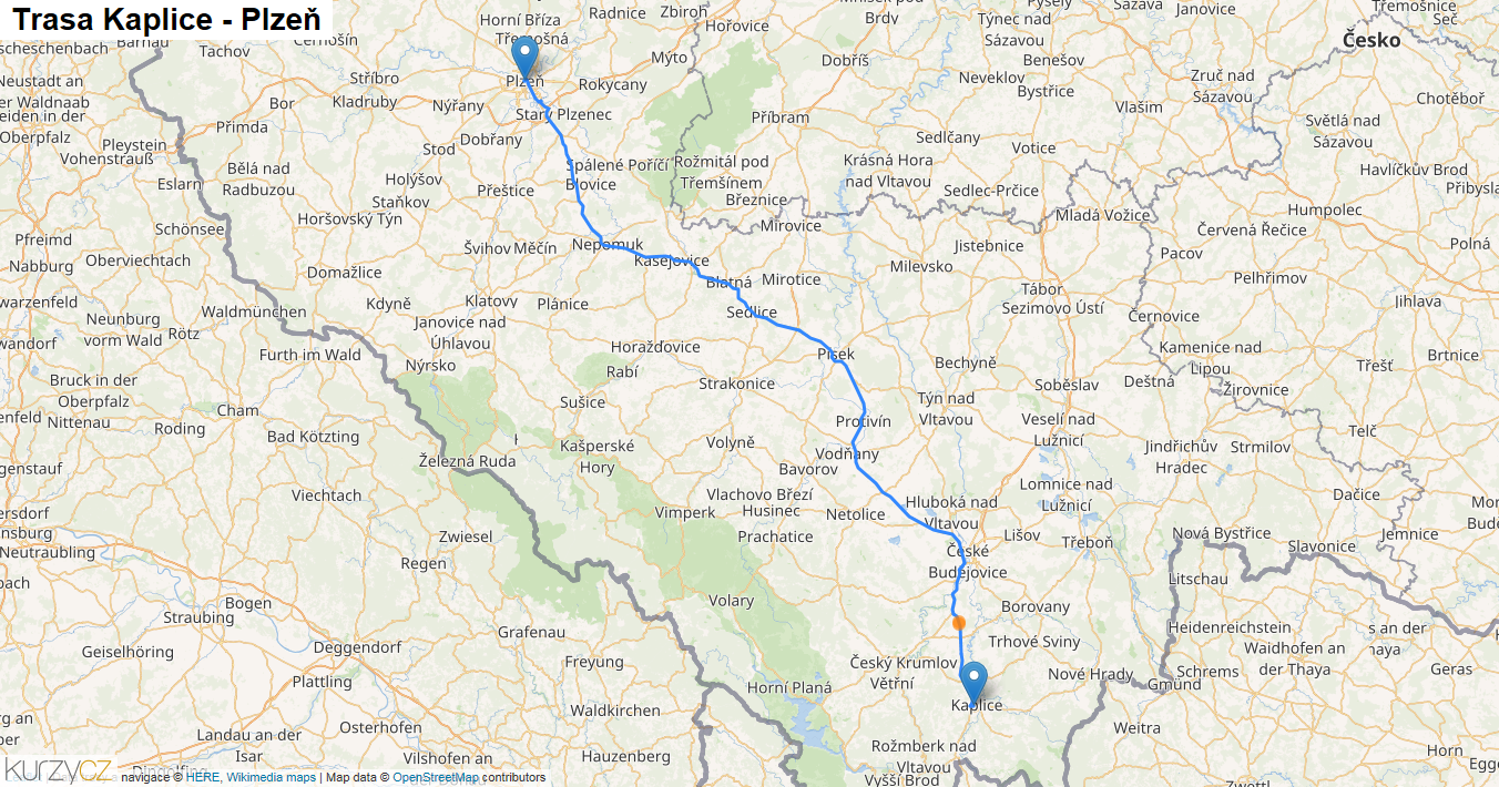 Kaplice-Plzeň, mapa trasy