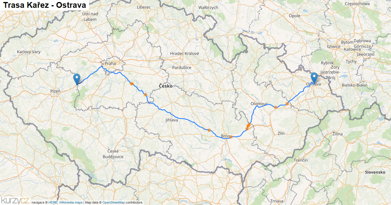 Kařez-Ostrava, mapa trasy