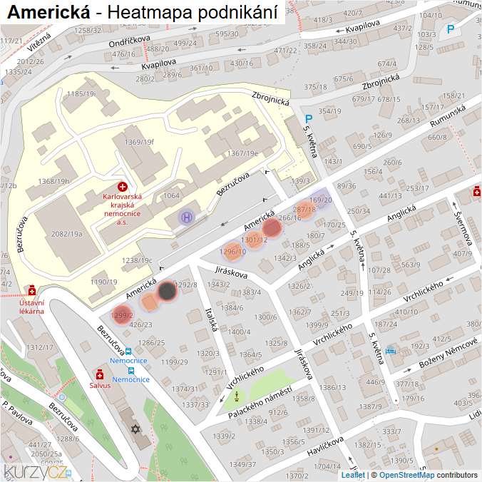 Mapa Americká - Firmy v ulici.
