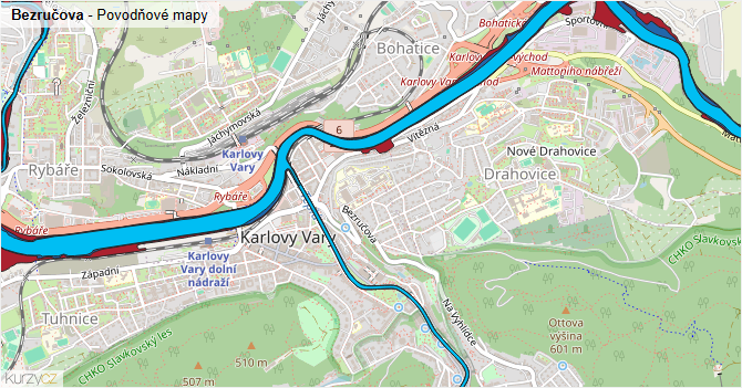 Bezručova - záplavové mapy stoleté vody