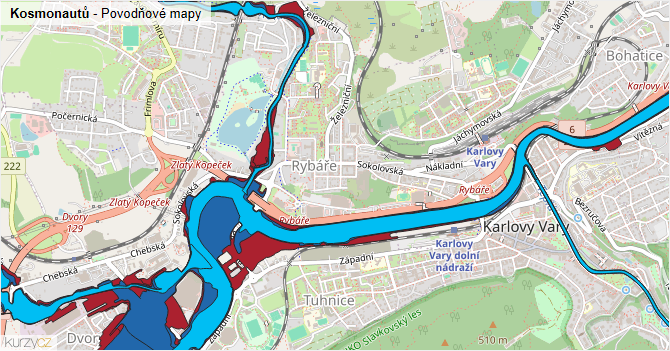Kosmonautů - záplavové mapy stoleté vody