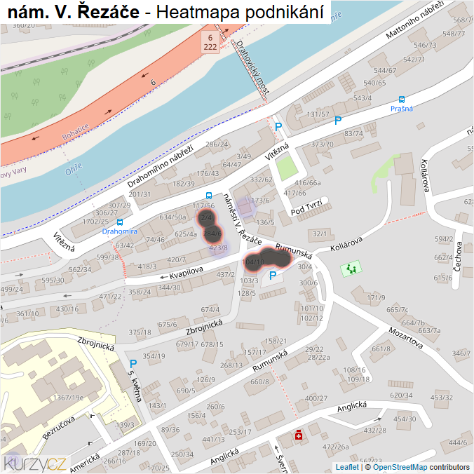 Mapa nám. V. Řezáče - Firmy v ulici.