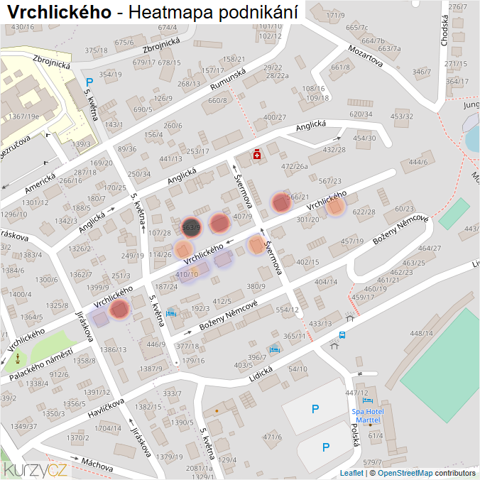 Mapa Vrchlického - Firmy v ulici.