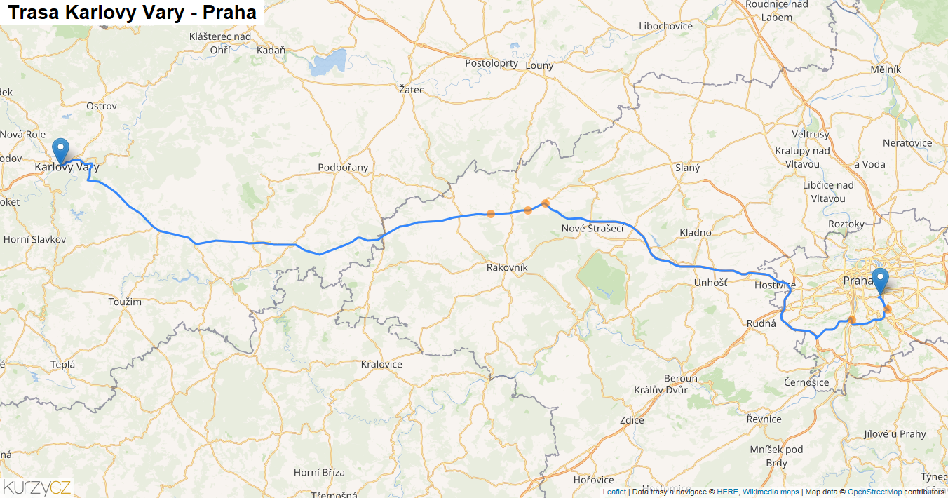 Karlovy Vary-Praha, mapa trasy