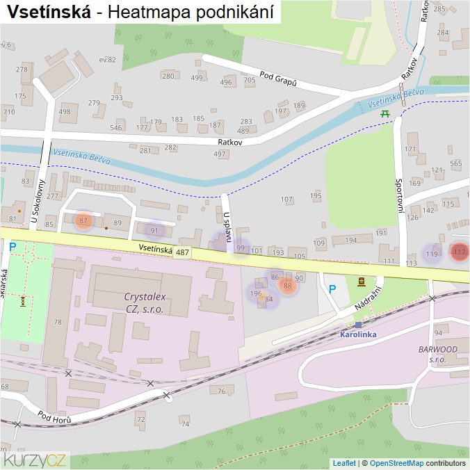 Mapa Vsetínská - Firmy v ulici.