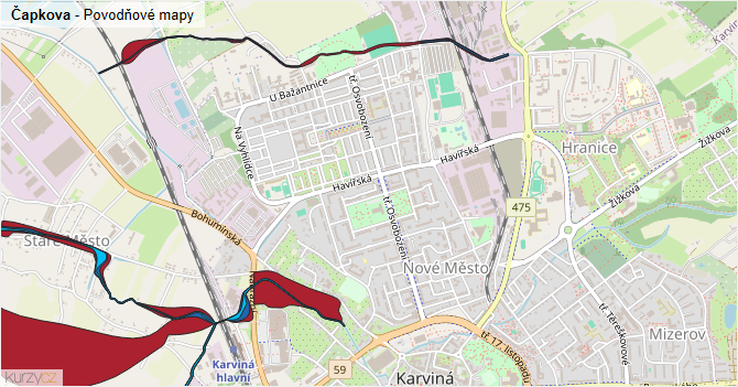 Čapkova - záplavové mapy stoleté vody