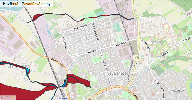Havířská - záplavové mapy stoleté vody
