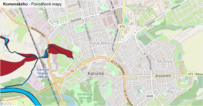 Komenského - záplavové mapy stoleté vody