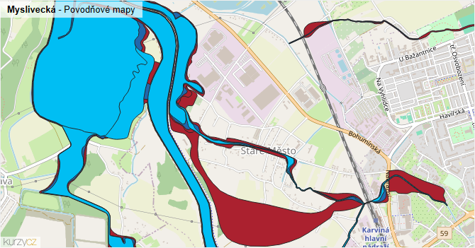 Myslivecká - záplavové mapy stoleté vody