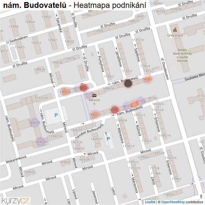 Mapa nám. Budovatelů - Firmy v ulici.