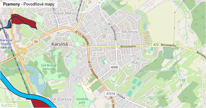 Prameny - záplavové mapy stoleté vody