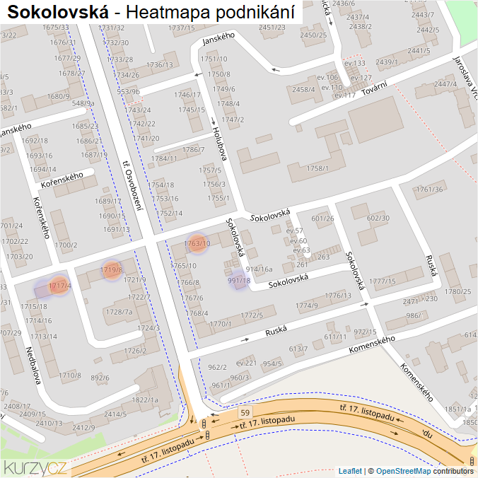 Mapa Sokolovská - Firmy v ulici.