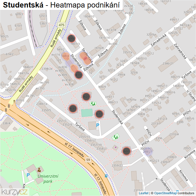 Mapa Studentská - Firmy v ulici.