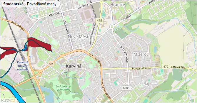 Studentská - záplavové mapy stoleté vody