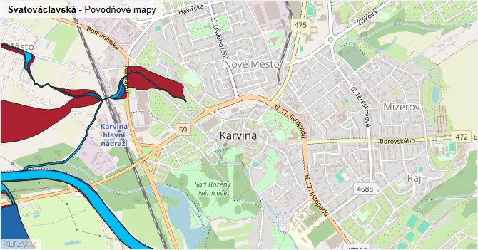 Svatováclavská - záplavové mapy stoleté vody
