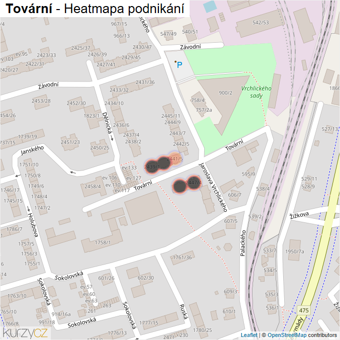 Mapa Tovární - Firmy v ulici.