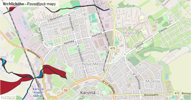 Vrchlického - záplavové mapy stoleté vody