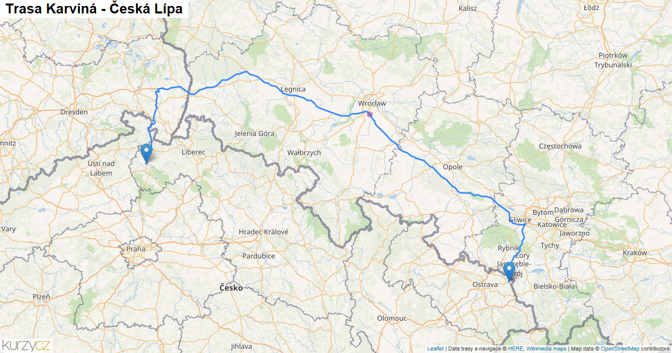 Karviná-Česká Lípa, mapa trasy