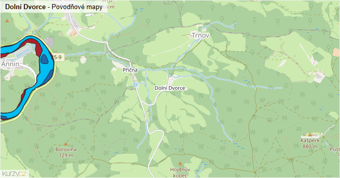 Dolní Dvorce - záplavové mapy stoleté vody