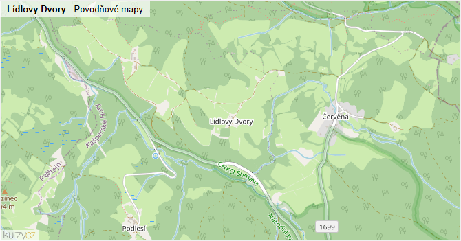 Lídlovy Dvory - záplavové mapy stoleté vody