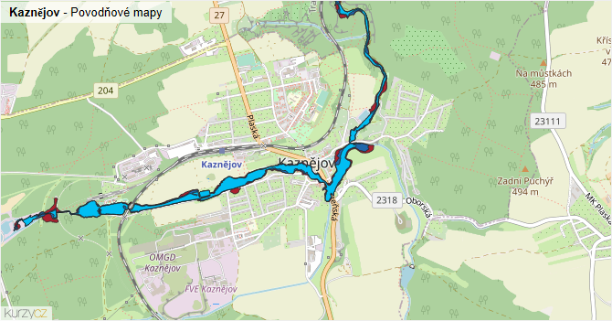 Kaznějov - záplavové mapy stoleté vody