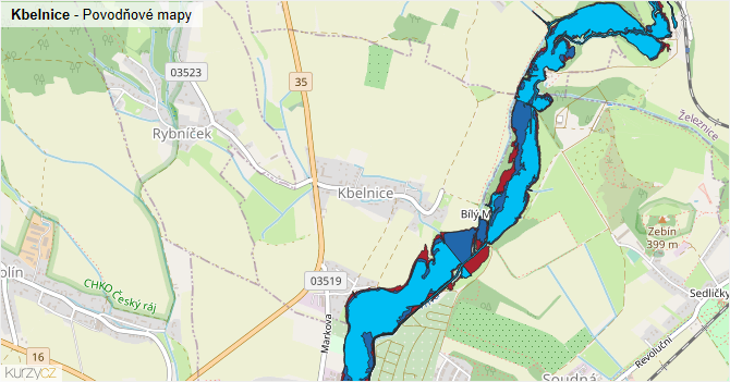 Kbelnice - záplavové mapy stoleté vody