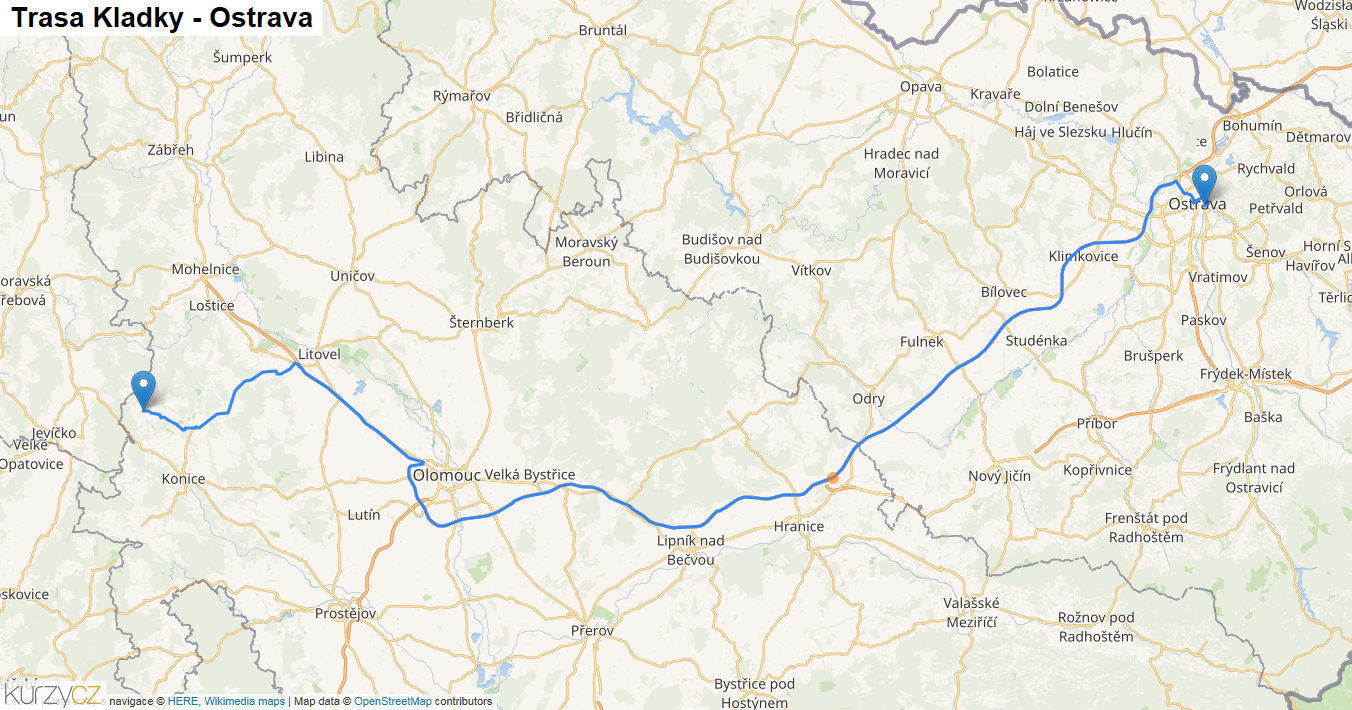Kladky-Ostrava, mapa trasy