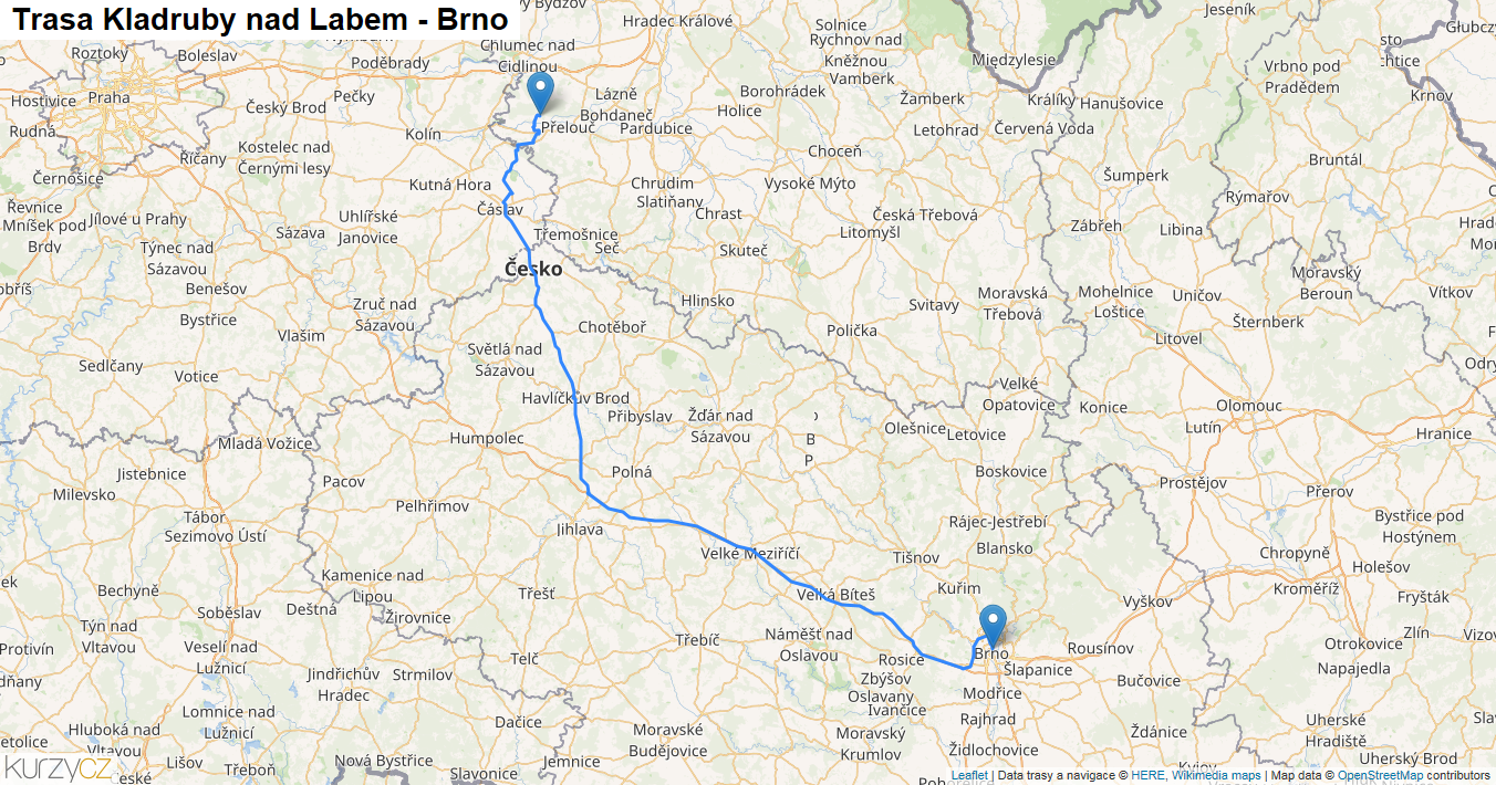 Kladruby nad Labem-Brno, mapa trasy