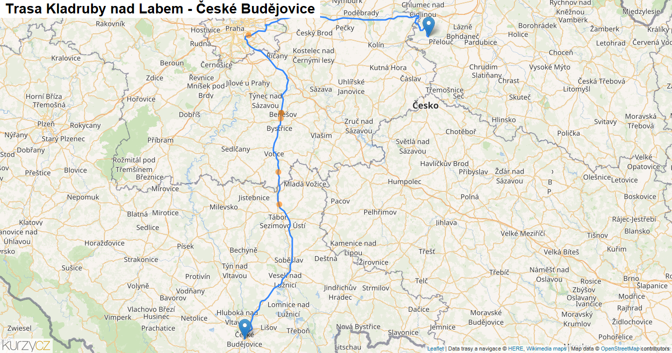 Kladruby nad Labem-České Budějovice, mapa trasy