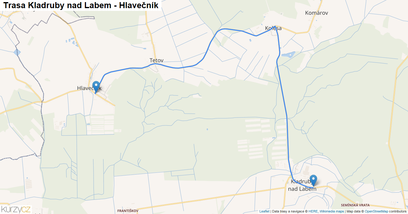 Kladruby nad Labem-Hlavečník, mapa trasy